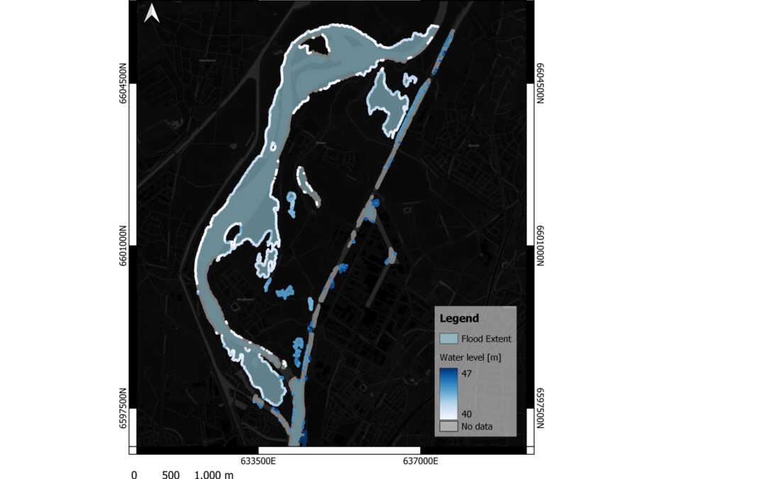Figuur 1. Een van de eindresultaten van het onderzoek, waarin het overstromingsgebied en de waterstanden rond het studiegebied worden weergegeven op de ochtend vóór het piekmoment van de overstroming.
